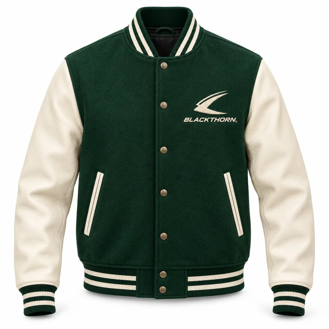 Forest Chenille Wool Varsity Jacket front view, custom varsity jacket manufacturer sample