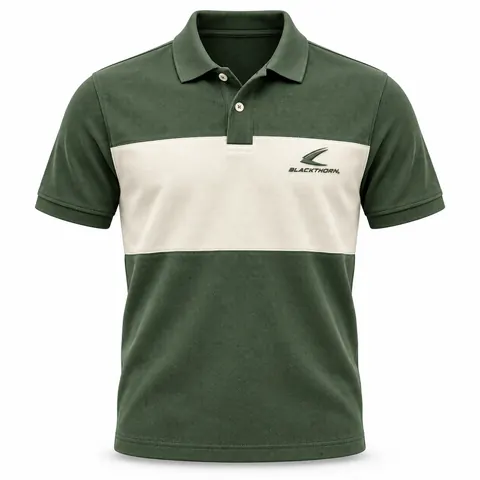 Forest Green Cream Chest-Band Polo front, chest stripe polo shirt wholesale