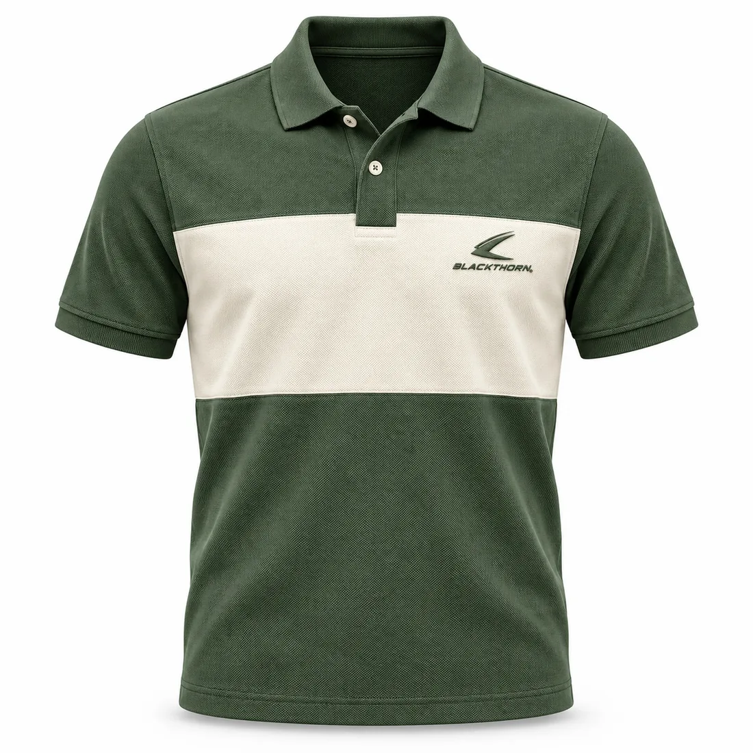 Forest Green Cream Chest-Band Polo front, chest stripe polo shirt wholesale