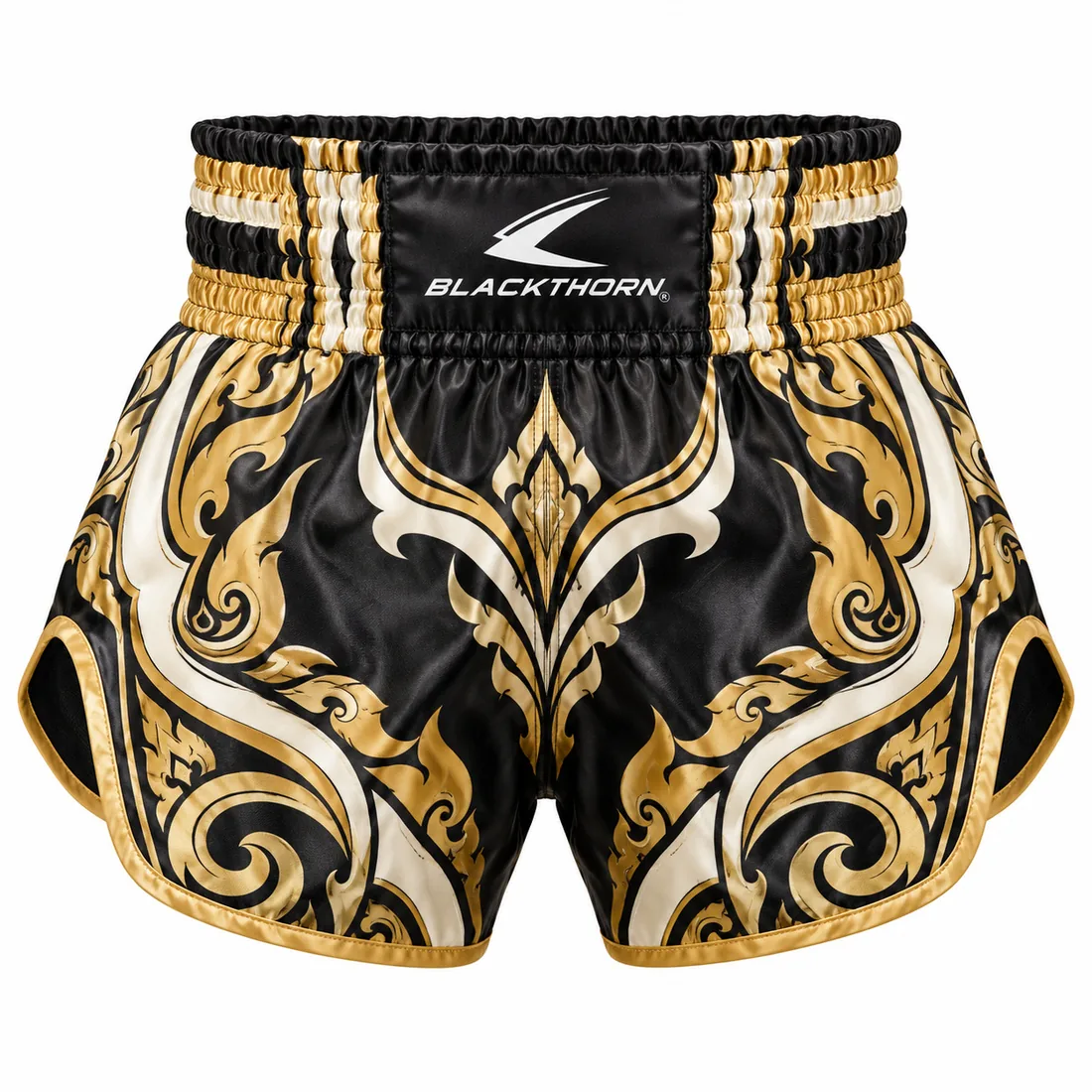Gold Ornate Muay Thai Shorts front view, private label Muay Thai shorts