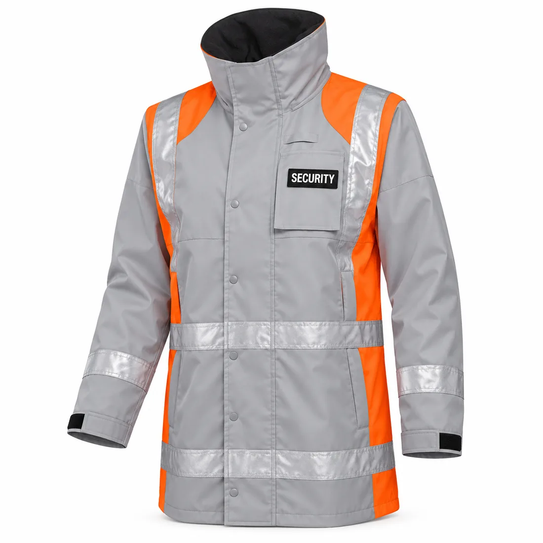 Grey & Orange Retail Security Rain Jacket in light grey with fluorescent orange side panels and silver retro-reflective tape, front view — wholesale security rain jacket by Blackthorn World