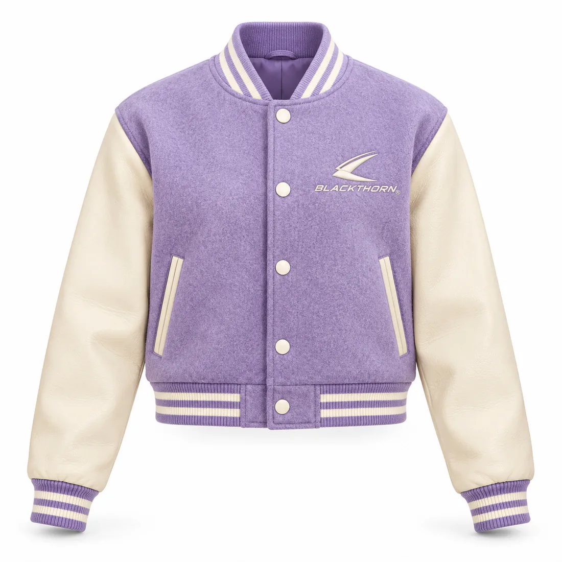 Lilac Cropped Boxy Varsity Jacket front, cropped varsity jacket manufacturer