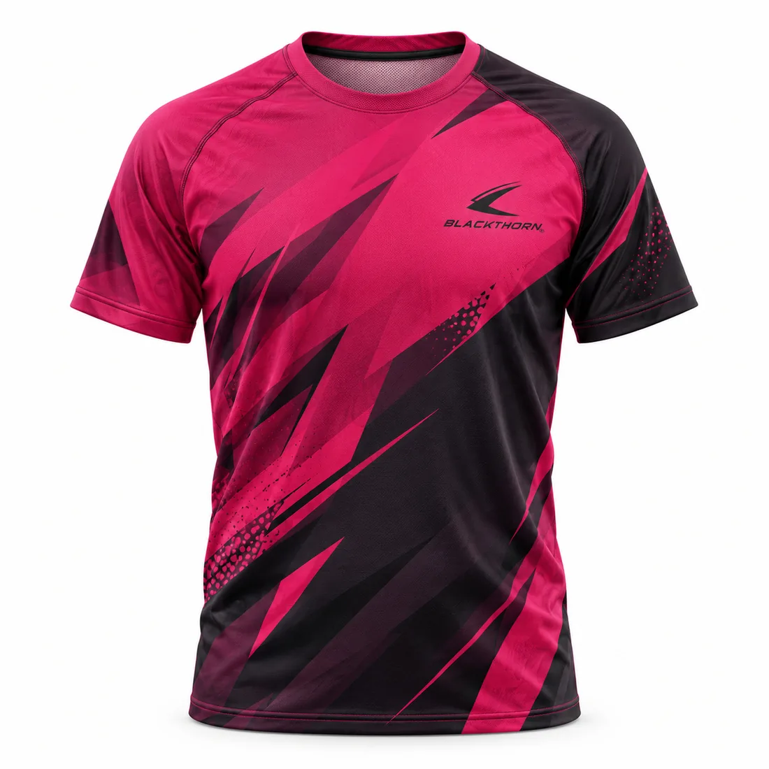 Magenta Black Raglan Padel Tee front view, sublimated padel t-shirts OEM