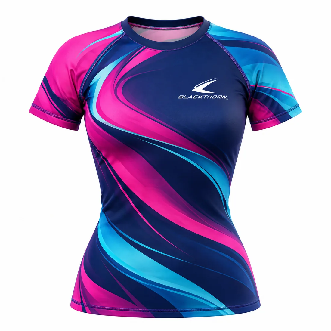 Magenta Ribbon Women's Rash Guard front, private label women's rash guard