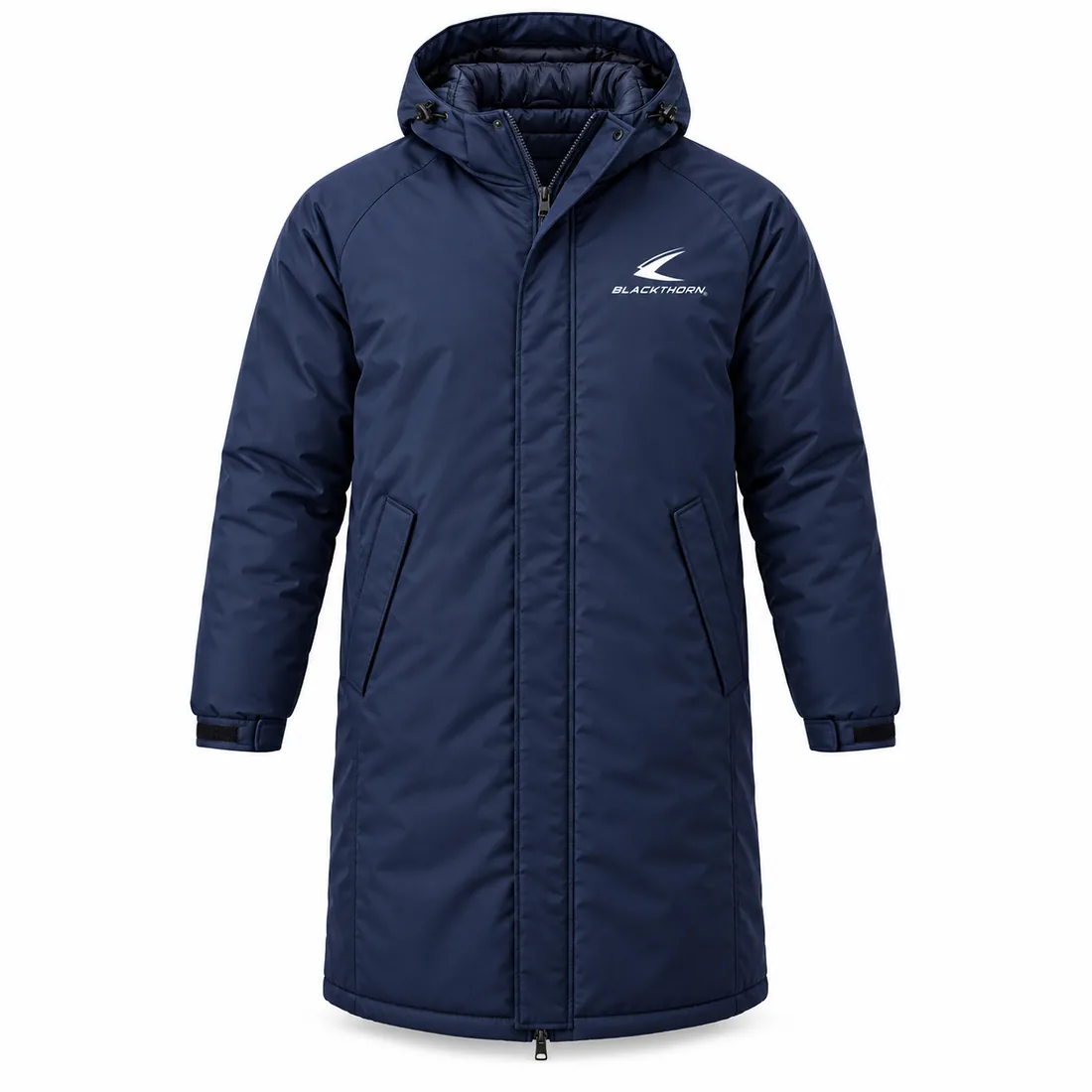 Navy Insulated Bench Stadium Coat front, custom stadium coat manufacturer