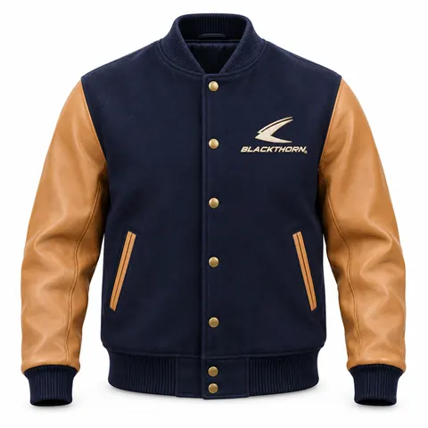 Navy Camel Twill Varsity Jacket front, wool leather varsity jacket wholesale