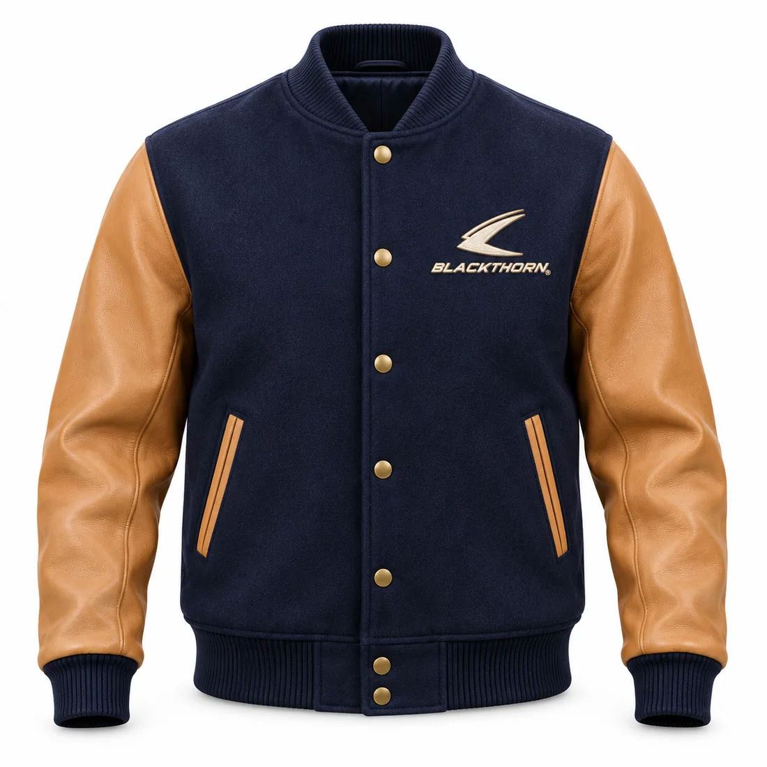 Navy Camel Twill Varsity Jacket front, wool leather varsity jacket wholesale
