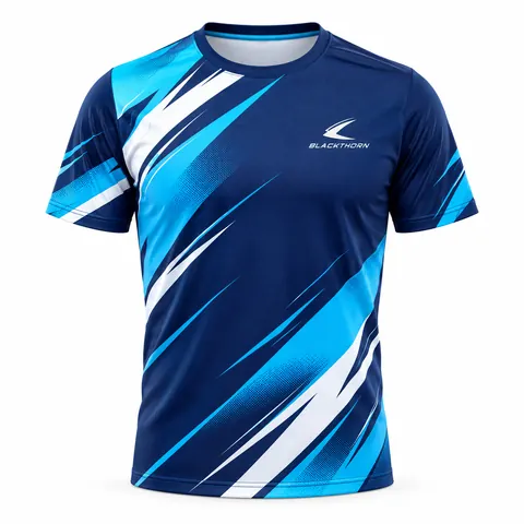 Navy Cyan Strike Padel Tee front view, custom padel shirts manufacturer