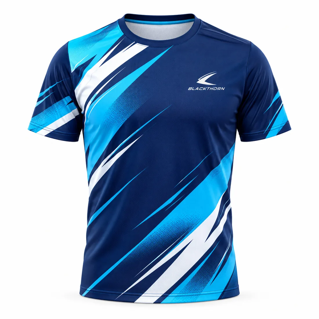 Navy Cyan Strike Padel Tee front view, custom padel shirts manufacturer