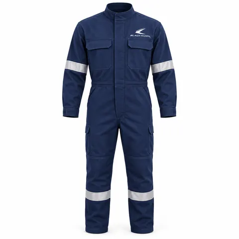 Navy FR-Style Industrial Coverall front view, custom FR coverall manufacturer