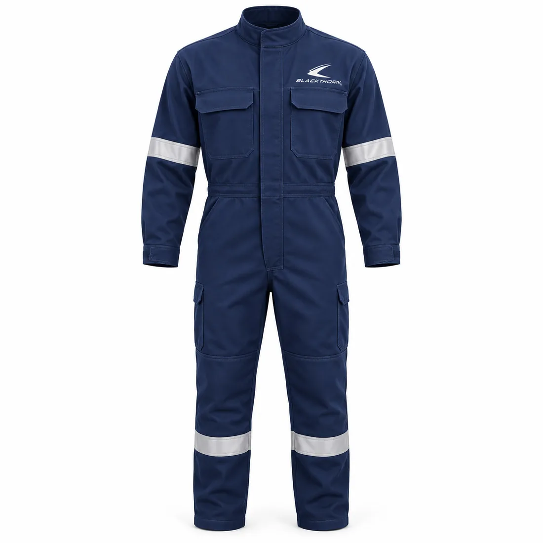 Navy FR-Style Industrial Coverall front view, custom FR coverall manufacturer