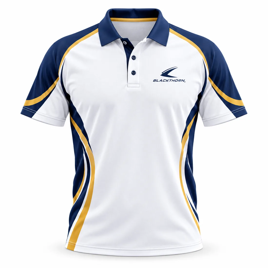 Navy Gold Swoosh Lawn Bowls Polo, custom lawn bowls shirts manufacturer front view
