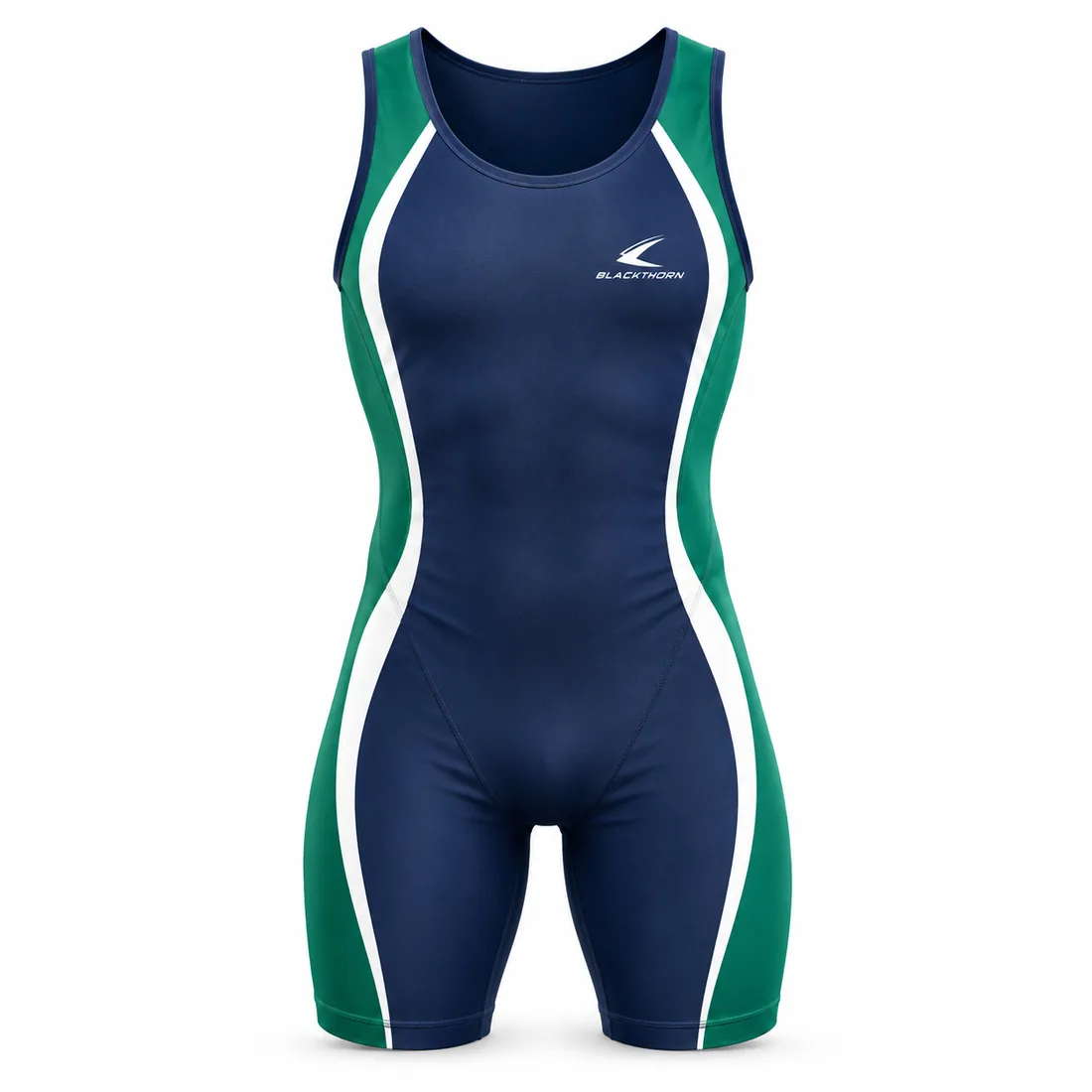 Navy Green Racing Rowing Unisuit front view, custom rowing unisuit manufacturer