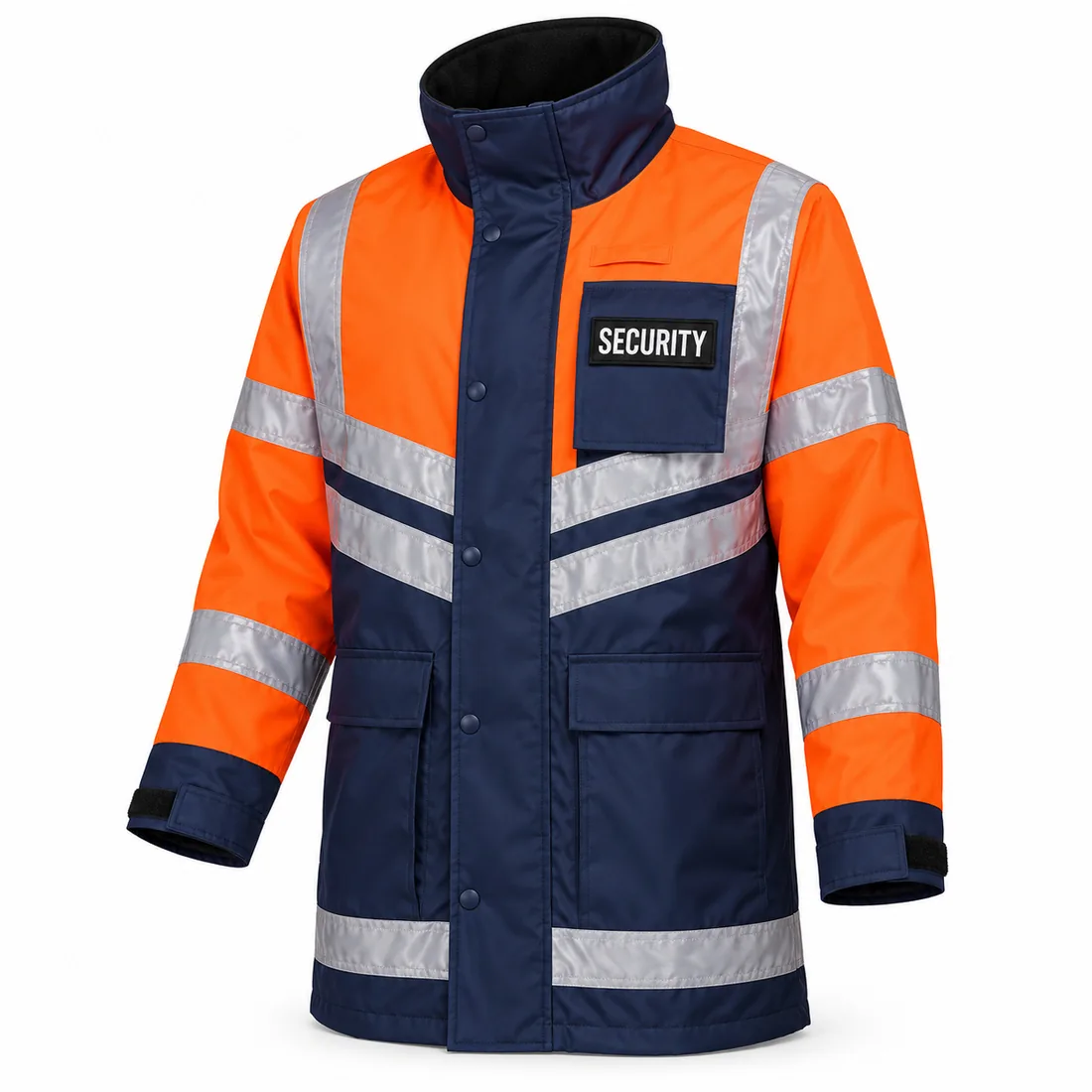 Navy & Orange Chevron Mobile Patrol Rain Jacket in navy with fluorescent orange shoulders and sleeves, front view — wholesale security rain jacket by Blackthorn World