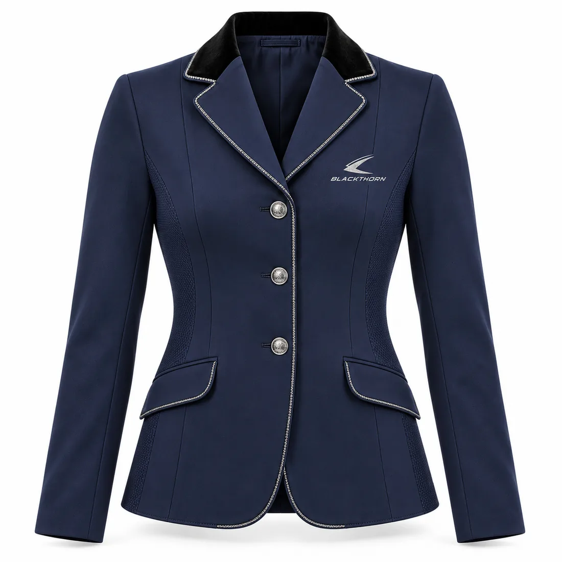 Navy Velvet Collar Show Jacket front, equestrian show jacket manufacturer