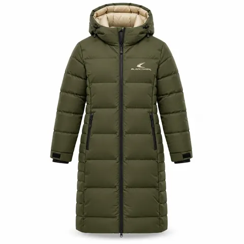 Olive Sand Longline Puffer Coat front, long puffer coat private label