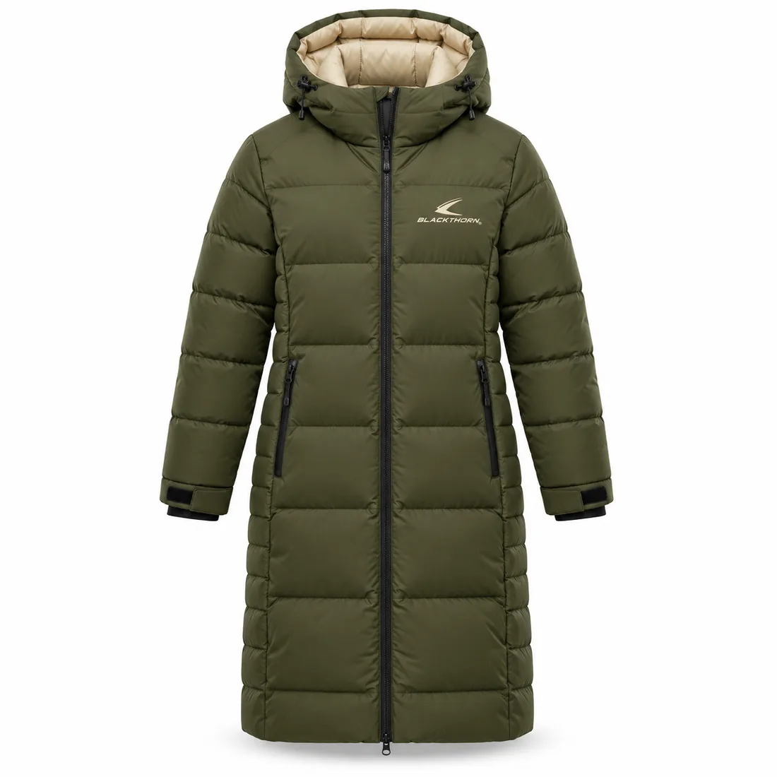 Olive Sand Longline Puffer Coat front, long puffer coat private label