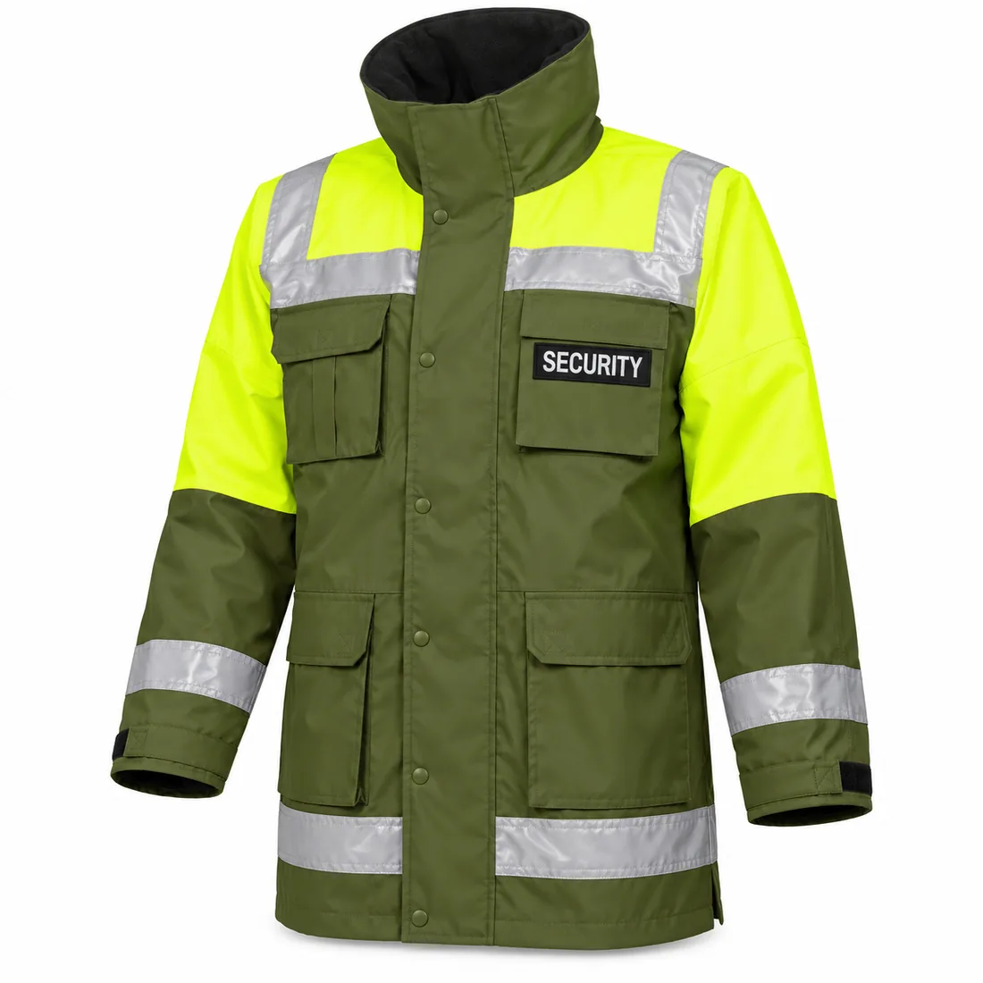 Olive & Yellow Estate Patrol Rain Jacket in olive green with fluorescent yellow shoulders and upper sleeves, front view — wholesale security rain jacket by Blackthorn World