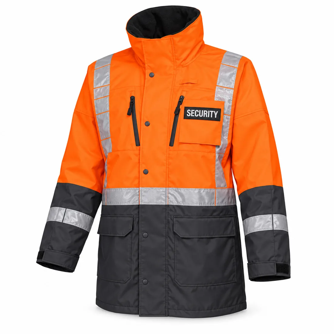 Orange & Charcoal Site Security Parka in fluorescent orange over charcoal with silver retro-reflective tape, front view — wholesale security rain jacket by Blackthorn World