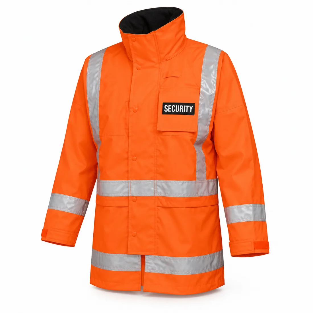 Orange Hi-Vis Security Storm Parka in fluorescent orange with silver retro-reflective tape and a black fleece-lined collar, front view — wholesale security rain jacket by Blackthorn World