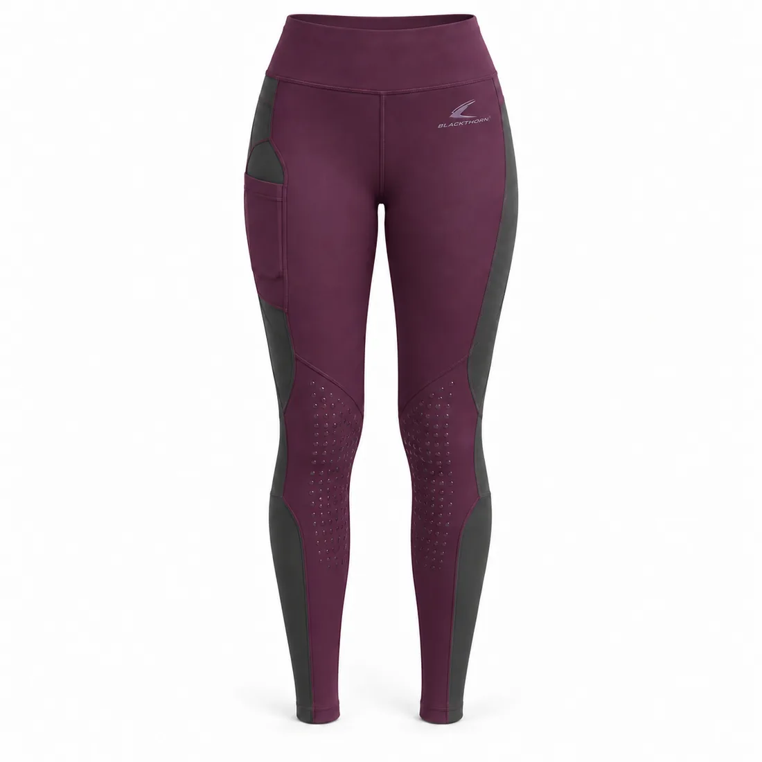 Plum Graphite Riding Tights front, private label riding tights