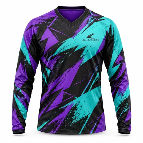 Purple Teal Splatter Dirt Bike Jersey front view, sublimated dirt bike jersey OEM