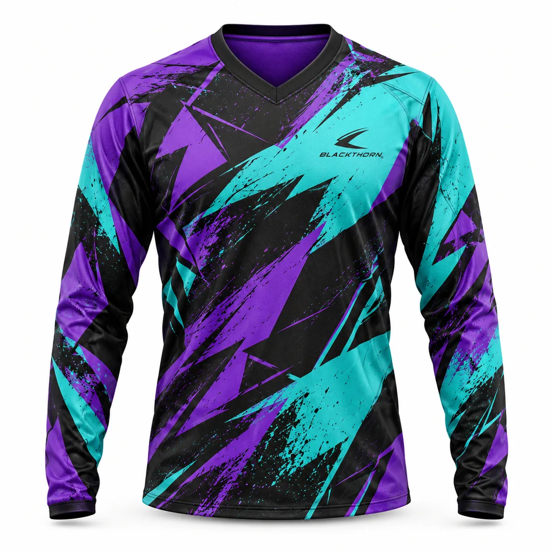 Purple Teal Splatter Dirt Bike Jersey front view, sublimated dirt bike jersey OEM