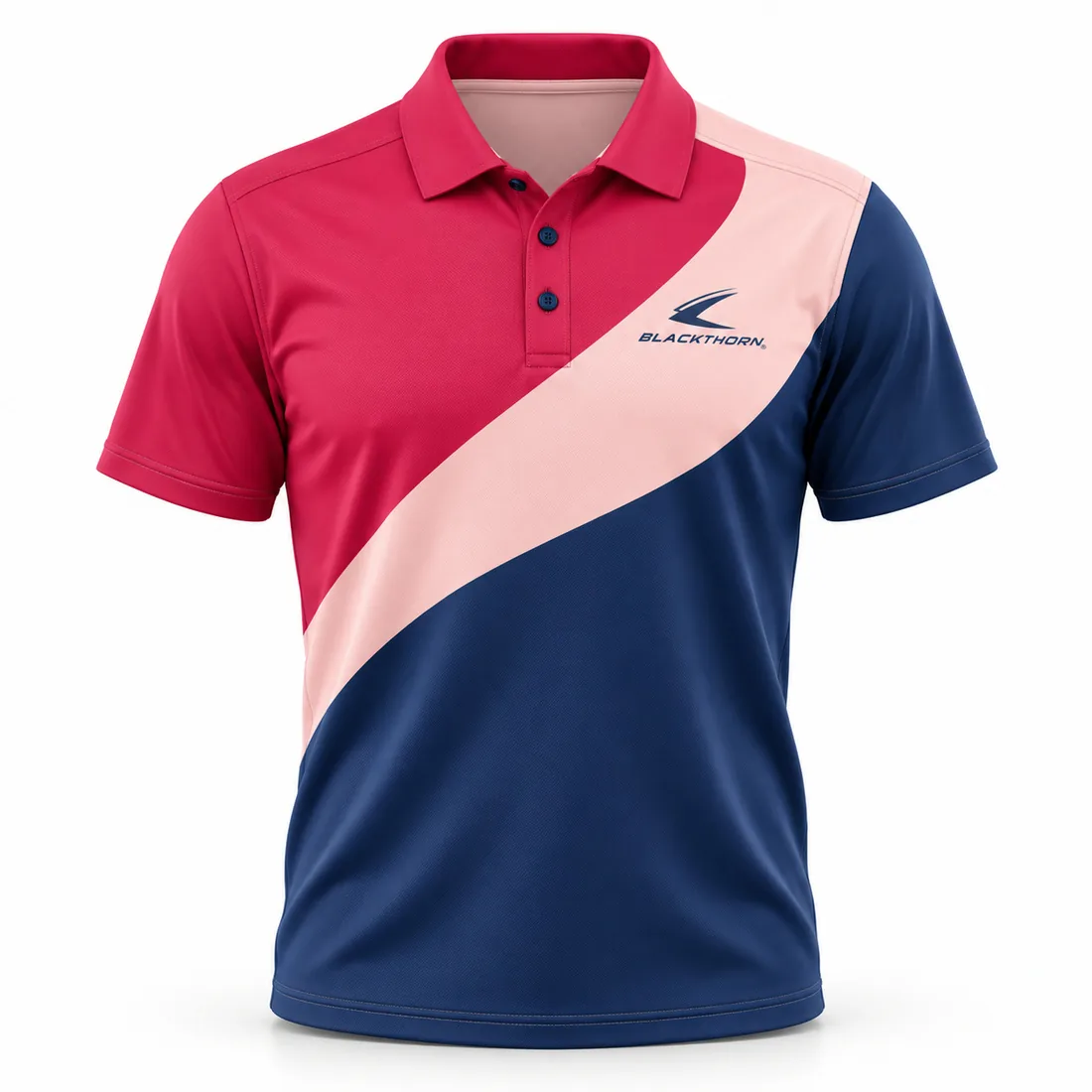 Raspberry Navy Sash Pickleball Club Polo front view, pickleball club polo shirts manufacturer