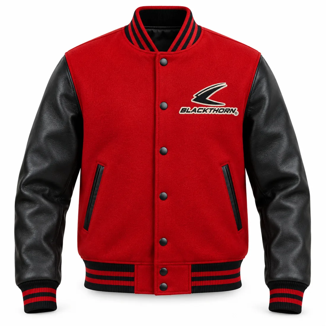 Red Black Chenille Varsity Jacket front, custom letterman jackets wholesale