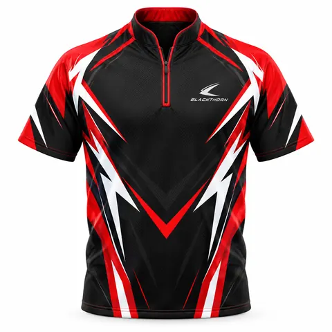 Red Strike Zip-Neck Darts Shirt front view, pro darts shirt manufacturer