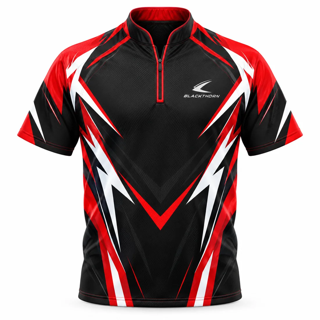 Red Strike Zip-Neck Darts Shirt front view, pro darts shirt manufacturer