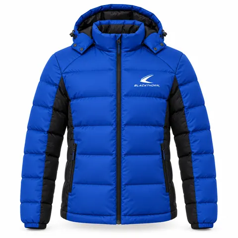 Royal Black Club Puffer Jacket front, club puffer jacket manufacturer