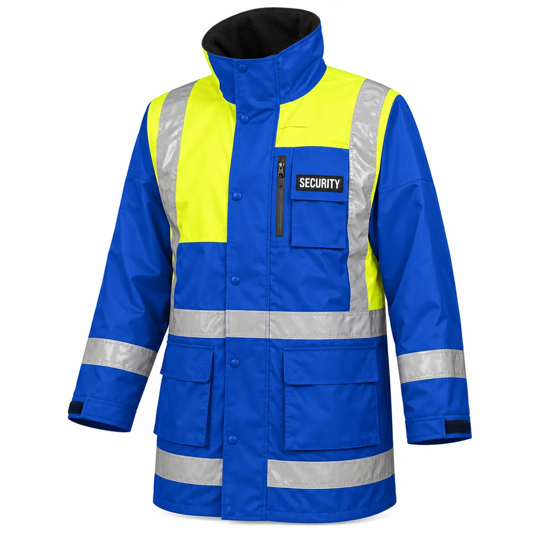 Royal Blue & Yellow Parking Enforcement Rain Jacket in royal blue with a fluorescent yellow chest yoke and silver retro-reflective tape, front view — wholesale security rain jacket by Blackthorn World