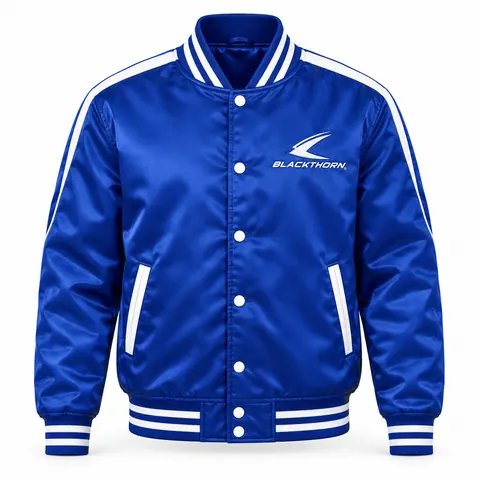 Royal Satin Varsity Bomber Jacket front, satin varsity bomber manufacturer