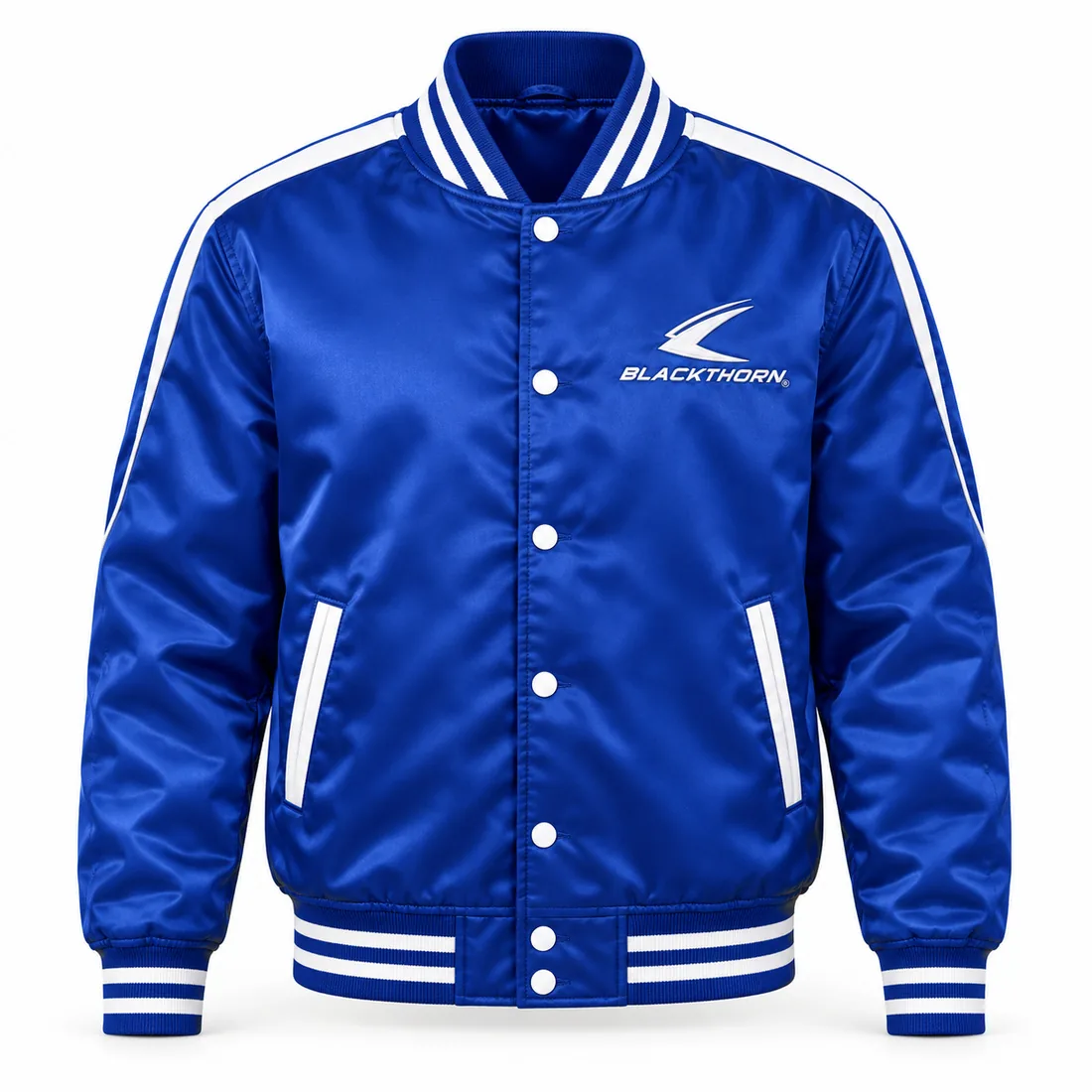 Royal Satin Varsity Bomber Jacket front, satin varsity bomber manufacturer