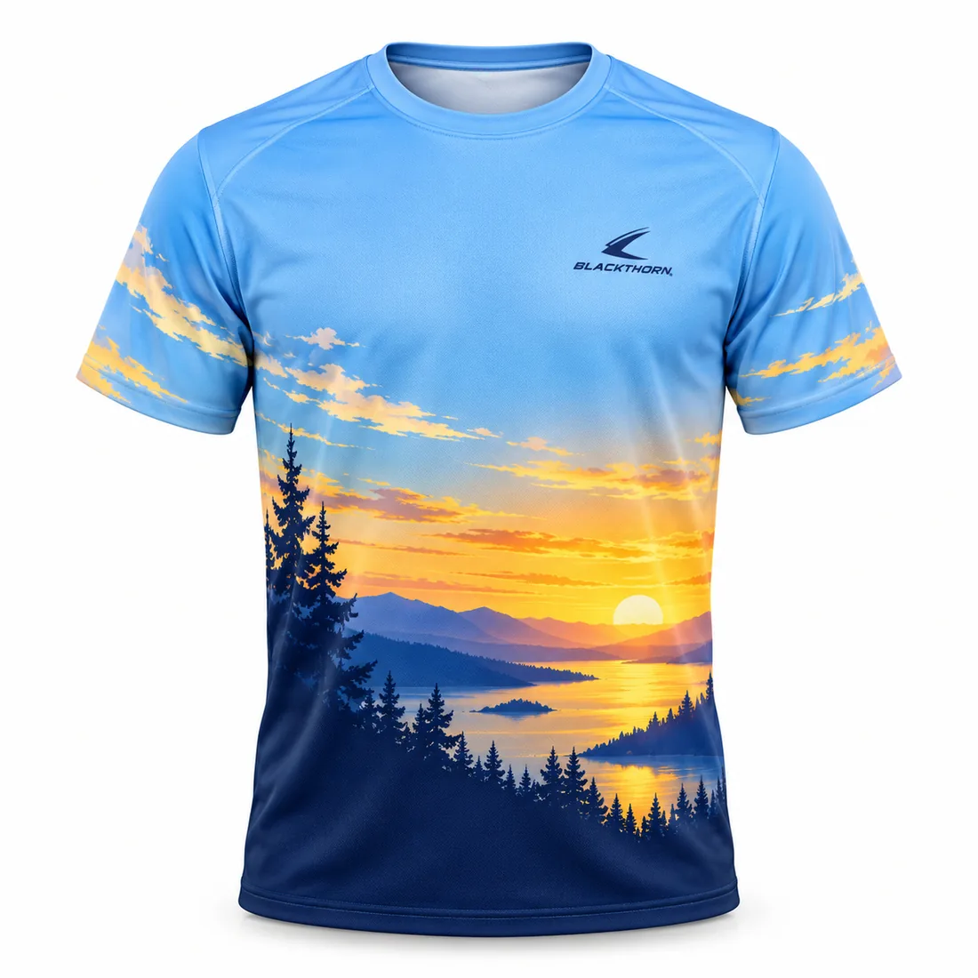 Sunset Lake Scenic Disc Golf Shirt front, sublimated disc golf shirt OEM