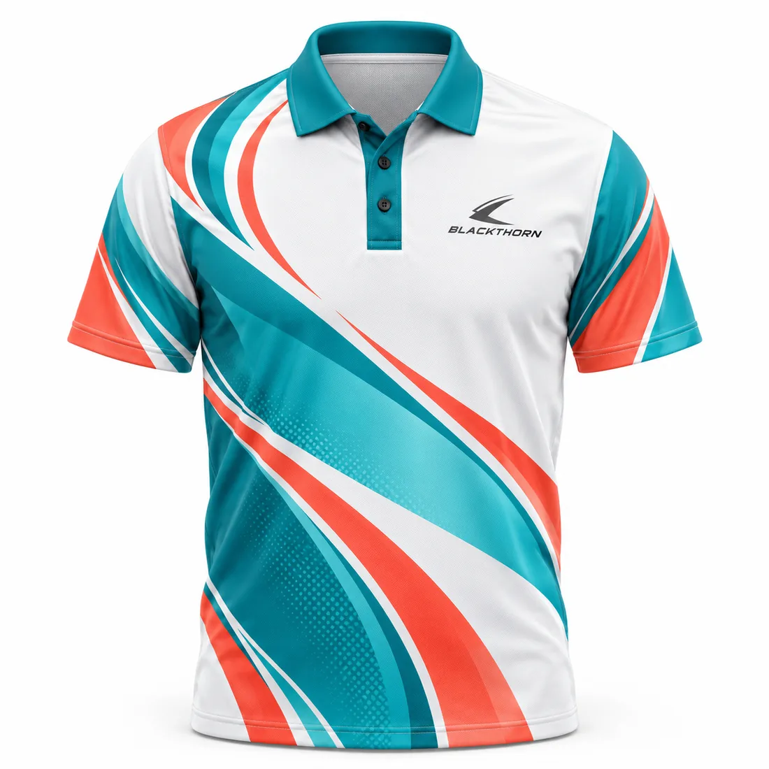 Teal Coral Summer Darts Polo front, sublimated darts shirts wholesale
