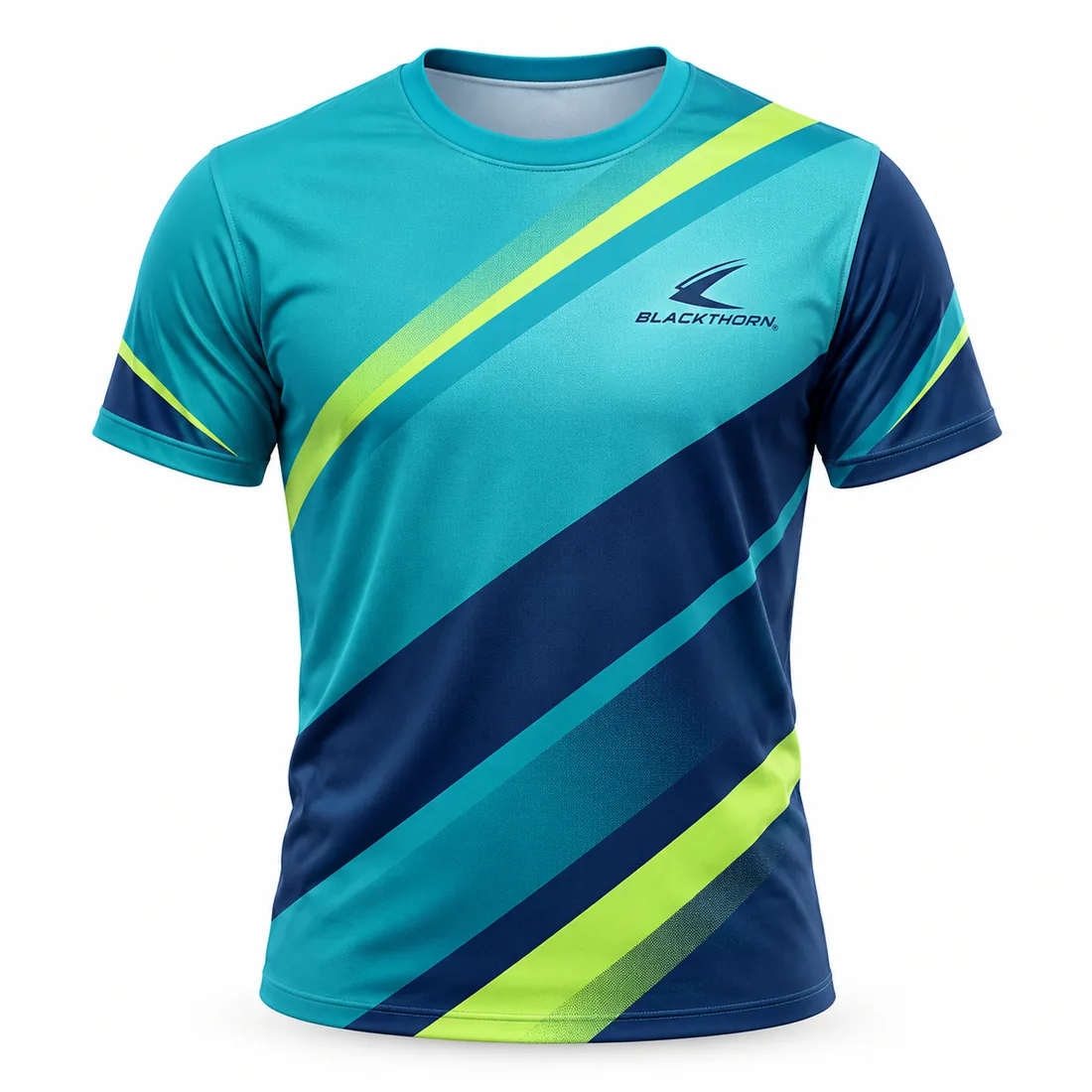 Teal Lime Stripe Pickleball Club Tee front view, custom pickleball shirts manufacturer