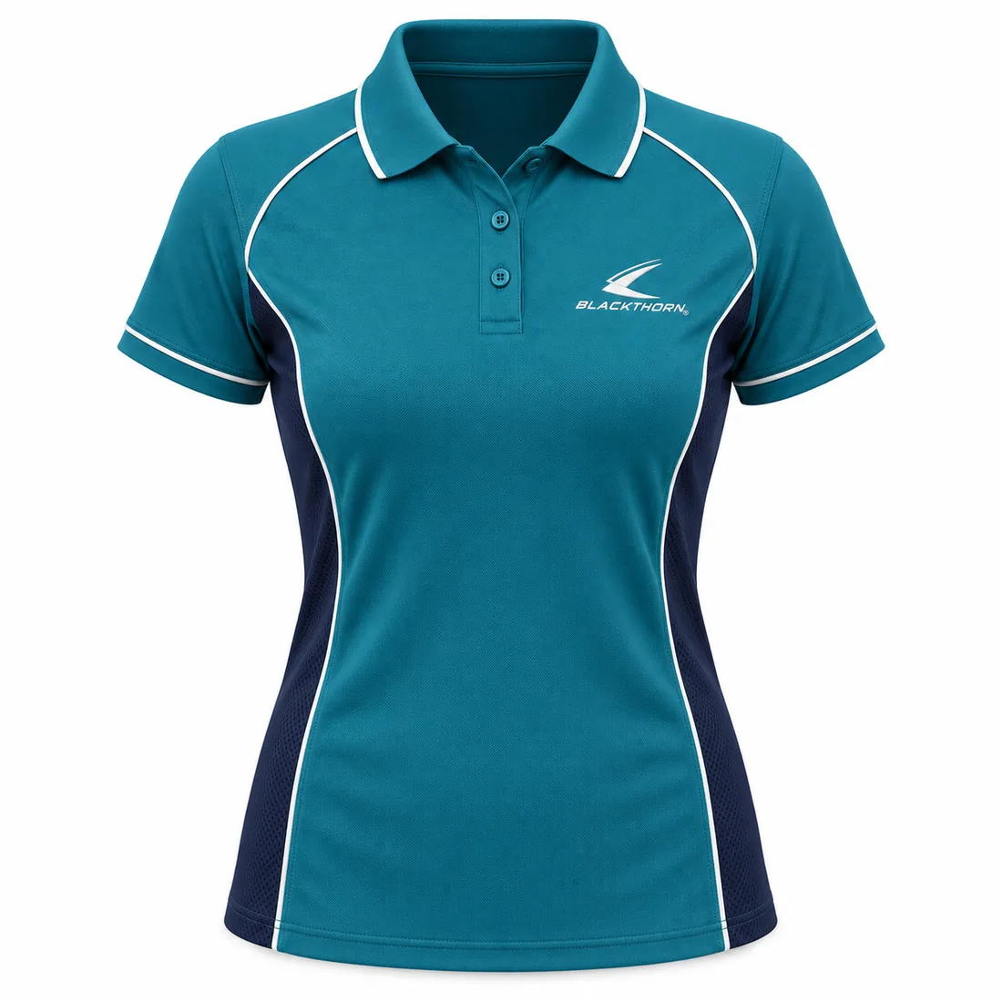 Teal Piped Equestrian Training Polo front, custom equestrian polo shirt manufacturer