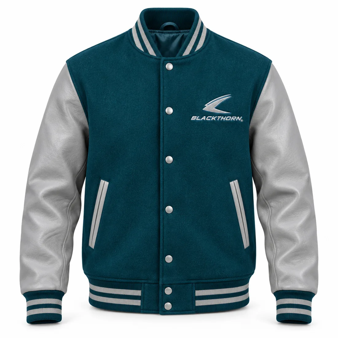 Teal Silver Twill Varsity Jacket front, OEM varsity jacket factory
