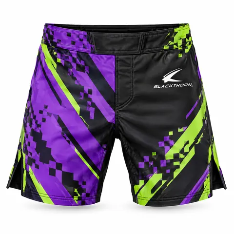 Violet Pixel MMA Fight Shorts front view, OEM MMA fight shorts