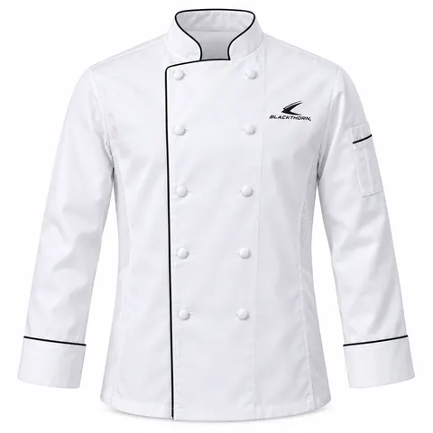 White Double-Breasted Piped Chef Jacket front, custom chef jacket manufacturer