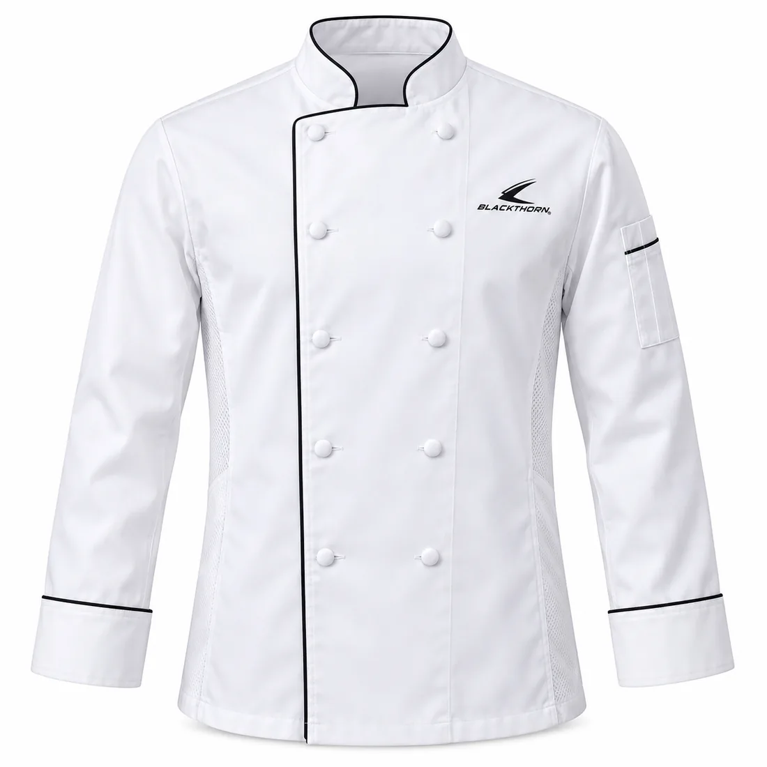 White Double-Breasted Piped Chef Jacket front, custom chef jacket manufacturer