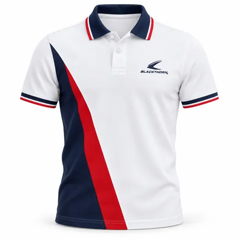 White Navy Red Diagonal Panel Polo front, panelled team polo manufacturer
