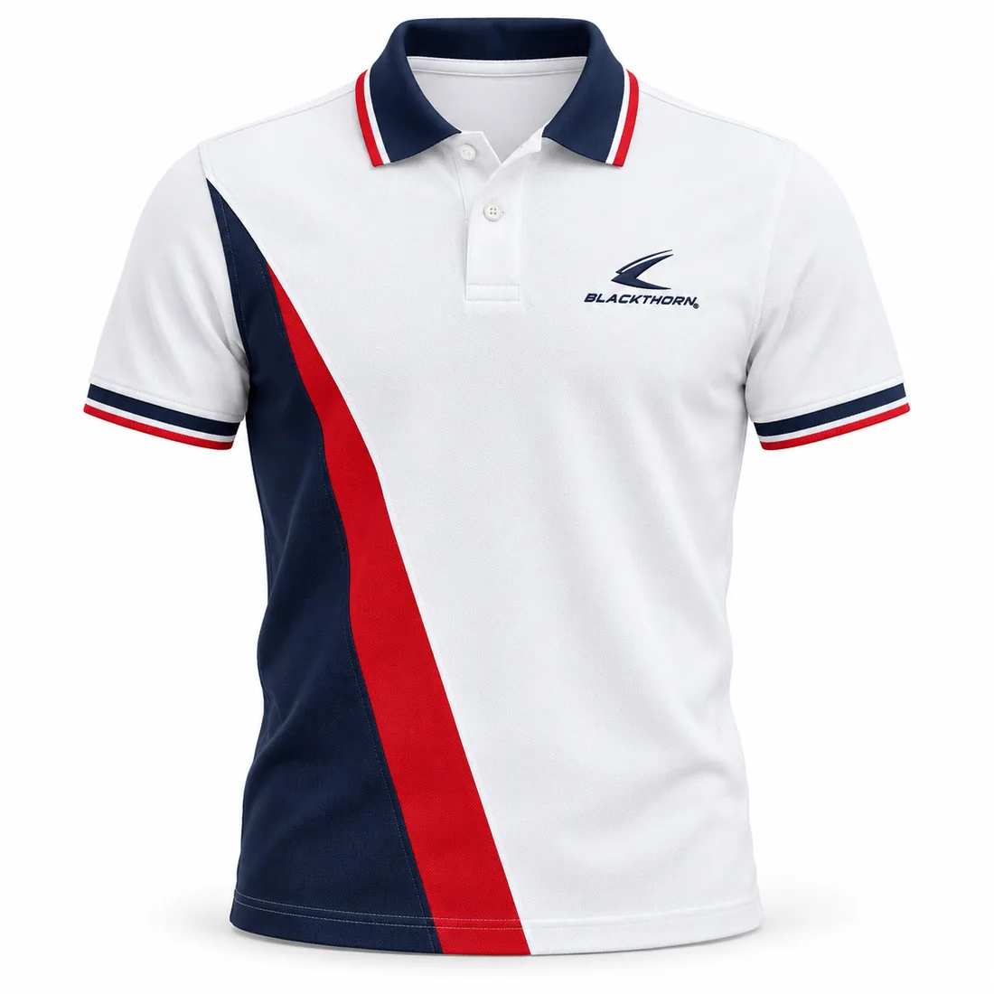 White Navy Red Diagonal Panel Polo front, panelled team polo manufacturer
