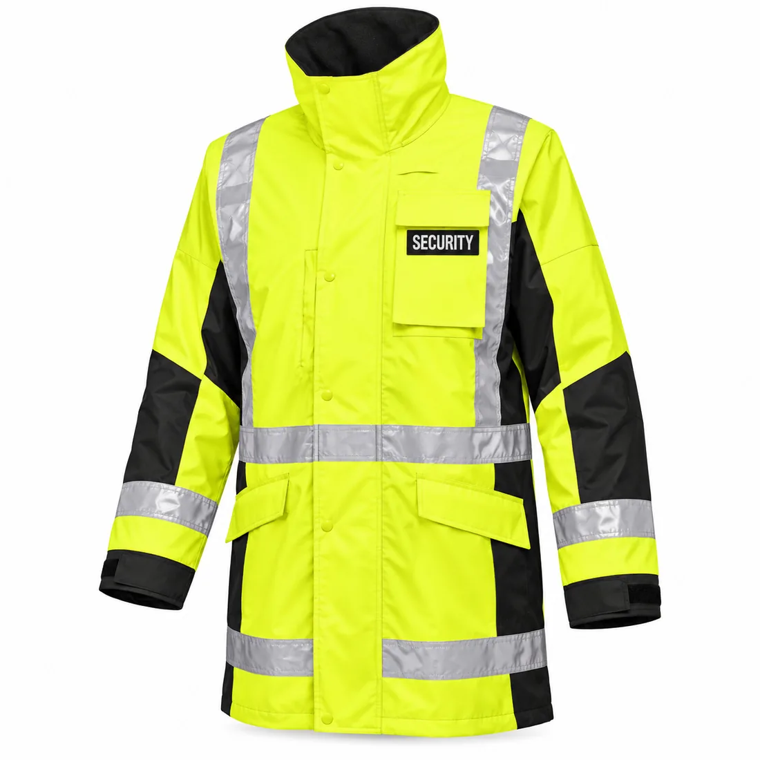 Yellow & Black Stadium Steward Rain Jacket in fluorescent yellow with black side and underarm panels, front view — wholesale security rain jacket by Blackthorn World