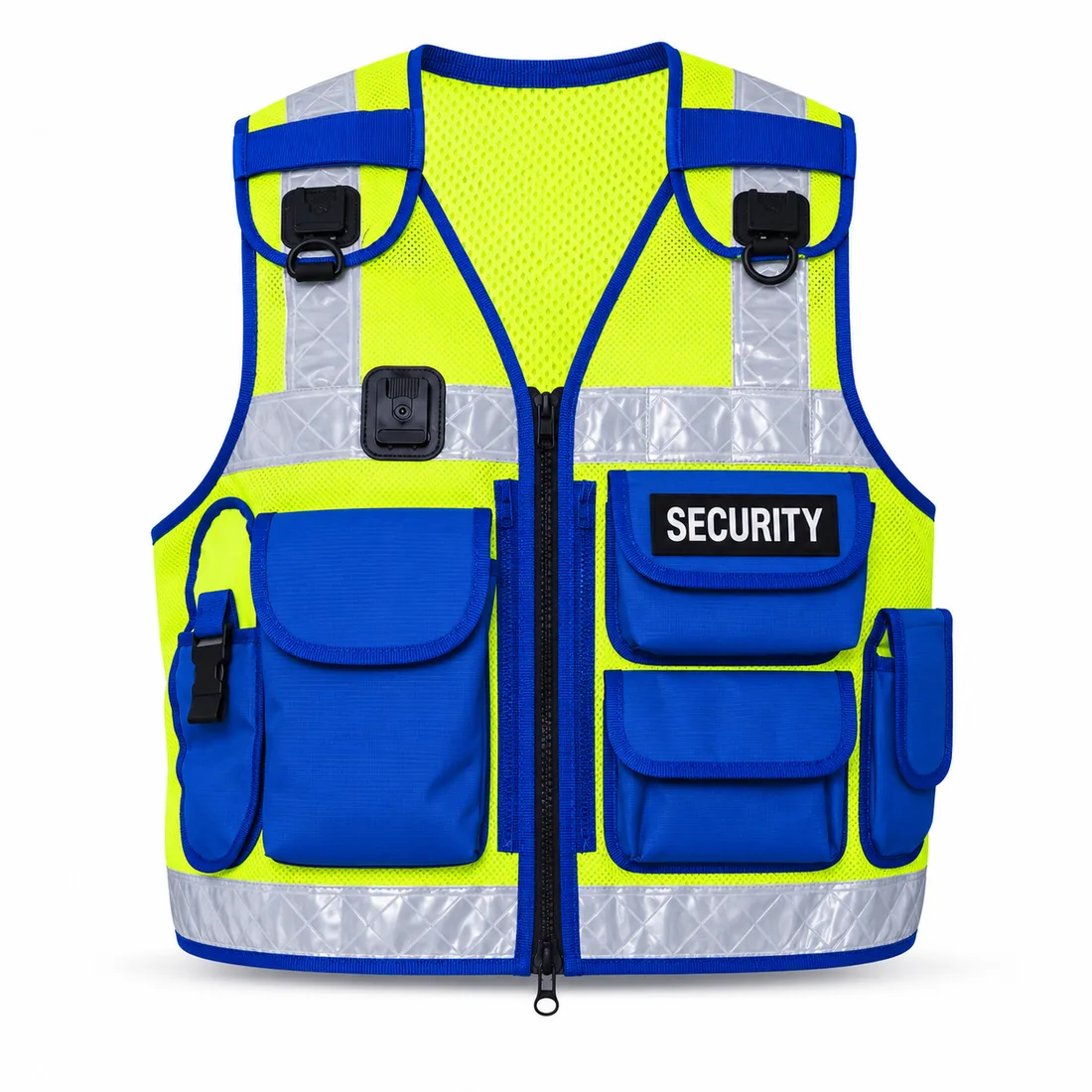 Yellow Royal Blue Steward Vest front, steward hi vis vest manufacturer