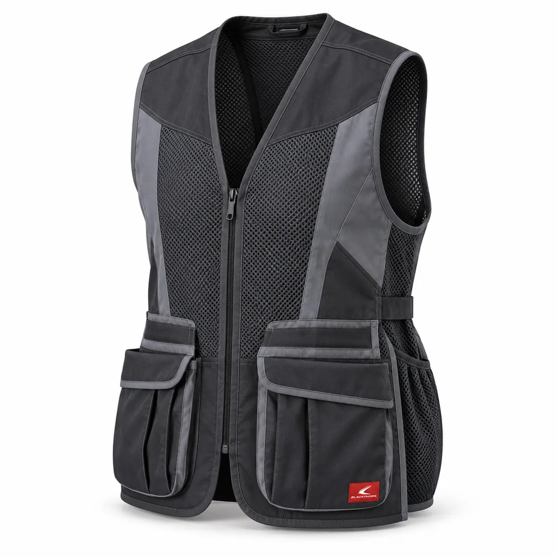 Charcoal & Slate Shooting Vest, front view with angular grey panels and mesh – OEM competition shooting vest