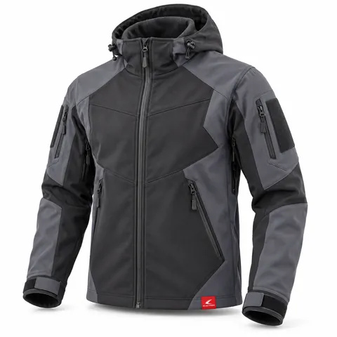 Charcoal & Slate Tactical Softshell, front view with angular grey panels and hood – OEM tactical softshell jacket