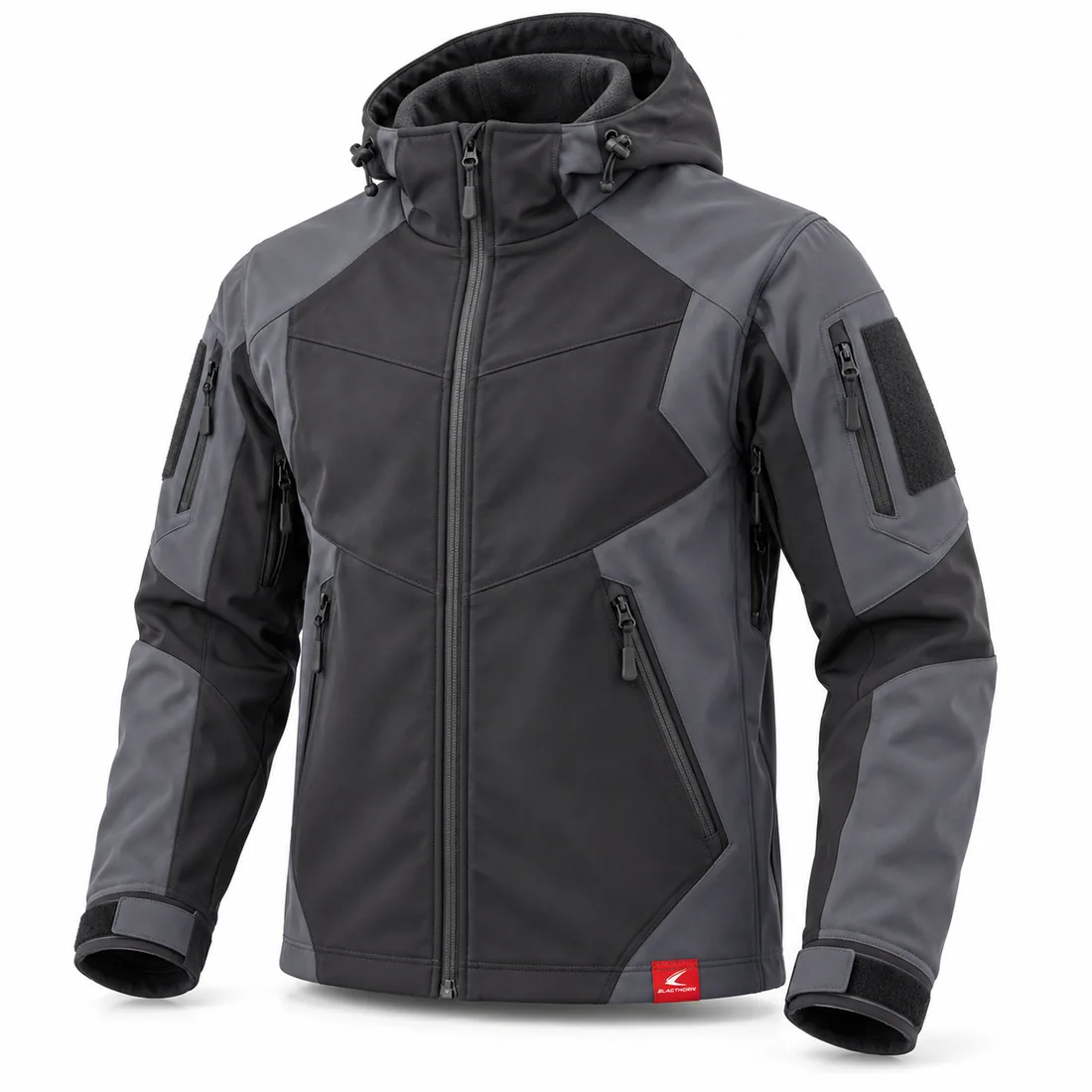 Charcoal & Slate Tactical Softshell, front view with angular grey panels and hood – OEM tactical softshell jacket